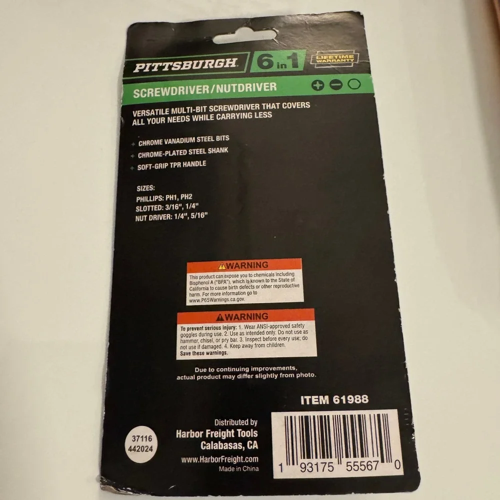 Pittsburgh 6 in 1 Screwdriver Nutdriver Set Chrome Vanadium Steel Bits Soft Grip